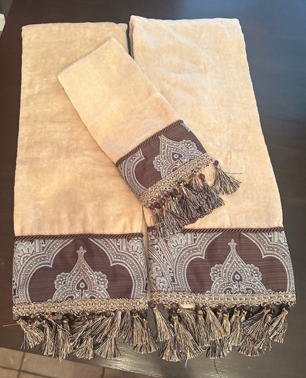 Croscill Brown & Blue Paisley 3Pc Towel Set Bath Hand Beaded Tassel Fancy